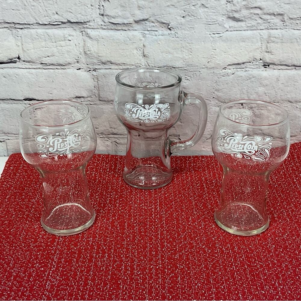 Vintage Pepsi-Cola Glasses & Mug Clear w/Logo Set of 2 Glasses 1 Mug w/Handle